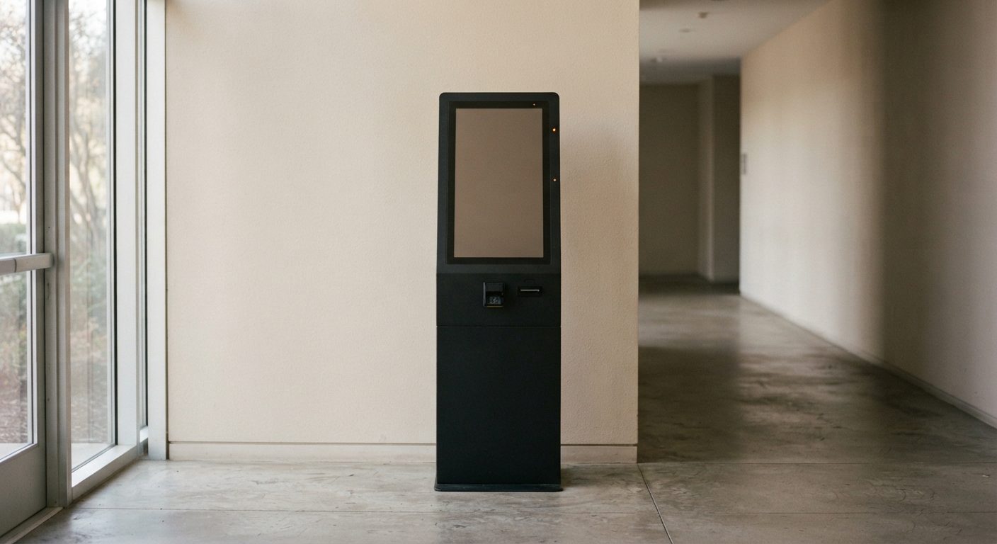 Kiosco negro en un pasillo claro, con pantalla y lector.
